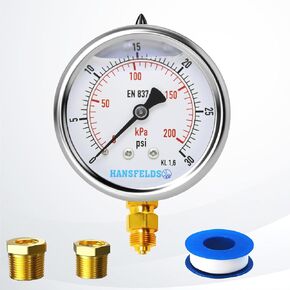 Liquid filled pressure gauge 0-60psi 2.5''Dial Face 1/4"NPT Back Mount stainless steel case for Water Oil Gas Media accuracy1.6 with 1/4" x 1/2" NPT and 1/4" x 3/8" NPT Hex Reducer