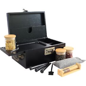 Bamboo Box with Combination Lock, Decorative Box with Handle, Large Storage Stash Box Set, Removable Dividers, 3 Glass Jars, Bamboo Herb Roller, Tray Insert & Smell Proof Accessory Tools Kit (Black)