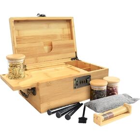 Bamboo Box with Combination Lock, Decorative Box with Handle, Large Storage Stash Box Set, Removable Dividers, 3 Glass Jars, Bamboo Herb Roller, Tray Insert & Smell Proof Accessory Tools Kit (Black)