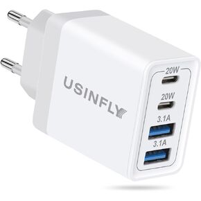 USINFLY European Travel Plug Adapter, 40W 4-Port USB C Wall Charger Plug Type C Fast Charging Block International Power Adaptor US to Europe EU for iPhone 15 14 13 12 11 Pro Max XS X 8, iPad, Samsung