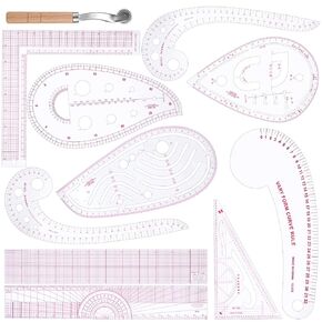 TEHAUX 9pcs Clear Metric Sewing Ruler Set, Plastic Sew French Curve Ruler Pattern Sewing Rulers with Tracing Wheels Sewing Curve Ruler Kit Sewing Ruler Set for Beginners Tailors Designers