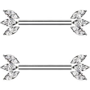 Pierced Owl 14GA ASTM F-136 Implant Grade Titanium Threadless Push-In Triple CZ Crystal Marquise Ends Nipple Barbells, Sold as a Pair