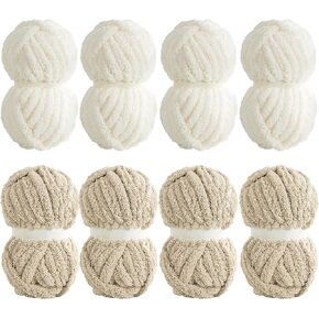8 Pack Super Bulky Chunky Chenille Yarn for Hand Knitting,Big Yarn for Chunky Blanket,Large Thick Arm Knitting Yarn,Fluffy Soft Plush Jumbo Yarn Crocheting,Cream & Khaki