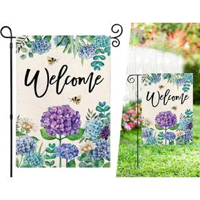 Welcome Hydrangea Spring Summer Garden Flag Blue Flower Floral 12x18 Inch Double Sided Outdoor Yard Flags Seasonal Yard Flags for Outside Courtyard Decoration Garden Flag (Blue Hydrangea)
