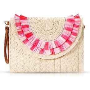 QTKJ Clutch Purses for Women, Straw Beach Bag, Bohemian Handmade Woven Envelope Package, Tassel Summer Handbags for Vacation, Travel(Rose+Green)