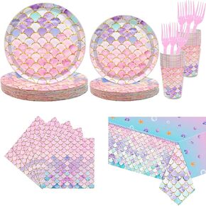 121Pcs Mermaid Birthday Party Supplies Decorations, Mermaid Tableware Set Include Mermaid Plates and Napkins Party Supplies Tablecloths Cups Forks Serves 24 for Girls Baby Shower Ocean Party Supplies