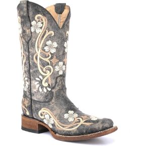 Corral Boots Womens Distressed Floral Tooled-Inlay Snip Toe Casual Boots Mid Calf Low Heel 1-2" - Black
