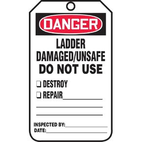 Accuform MDT182CTP Ladder Status Tag, Legend "Danger Ladder Damaged/Unsafe DO NOT USE", 5.75" Length x 3.25" Width x 0.010" Thickness, PF-Cardstock, Red/Black on White (Pack of 25)