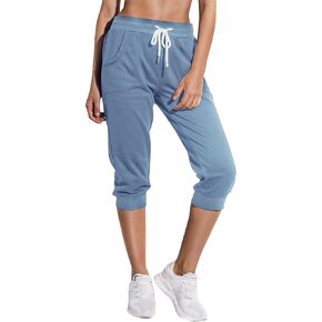 SPECIALMAGIC Women's Capri Sweatpants 3/4 Cropped Jogger French Terry Running Pants Lounge Loose Fit with Side Pockets Dusty Blue 2XL