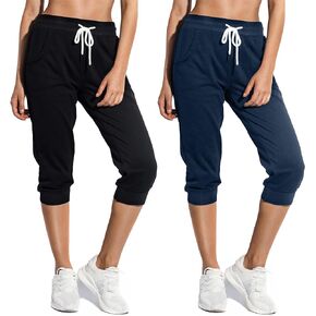 SPECIALMAGIC Women's Sweatpants Cropped Jogger French Terry Running Pants Lounge Loose Fit Drawstring Waist with Side Pockets Black+Navy S