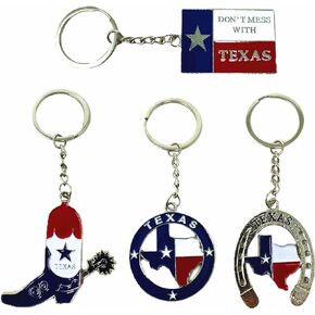 TSY TOOL 4 Pack Texas Keychain Texas Bundle Souvenir Metal Keychains Texas State Map Don't Mess with Texas Horse shoe Texas Boot