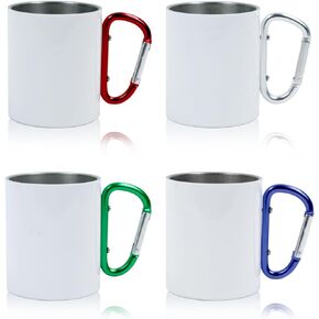 4 Pcs Sublimation Blank Stainless Steel Carabiner Mug 10 OZ with Different color handles Travel Coffee Mug Portable Backpacking Camping Cup for Outdoor Sports Travel Hiking mug