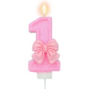 Pink Number 1 Candle for Girl Birthday Party Decorations, Girl 1st Birthday Party Decorations Supplies, 3D Bow Designed Pink Number Candles for Birthday Cake Topper Decorations (Pink 1 Candle)
