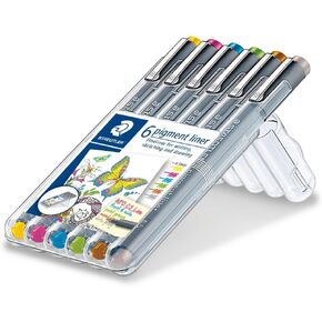 STAEDTLER Pigment Liner, Fineliner Pen For Drawing, Drafting, Journaling, Set of 6 Assorted Colors, 30805S2SB6