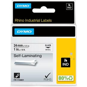 DYMO Rhino Industrial Self-Laminating Labels, 1", Black Print on White Tape