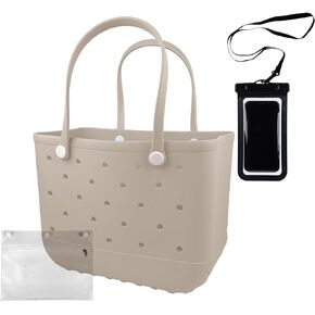 Feastaw Rubber Beach Tote Bag - Waterproof Washable Durable Open Purses with Zipper Pocket and Phone Pouch for Pool Boat