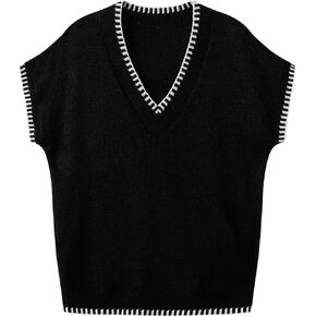 Sehcahe Women's Striped V-Neck Knitted Sleeveless Sweater Vest Lightweight Casual Trendy Pullover Tank Tops