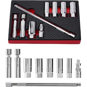 SPARKWHIZ 3/8 Inch Drive Spark Plug Socket Set, 5/8-inch, 3/4-inch, 13/16-inch, 14mm, 18mm, Magnetic Spark Plug Socket, Universal Joint and 10" Extension Bar, Cr-V Steel, 9-Piece