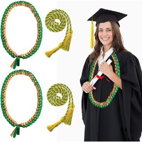 WUEURU 2Pcs Graduation Ribbon Lei,Graduation Cords Handmade BraidedNecklace, Honor Cord with Tassel 2024 Handmade Double Braided Necklace Adjustable Graduates Leis for Graduation Gifts（Green Gold）