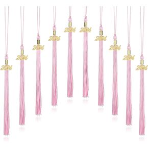 10 Pieces 2024 Graduation Tassels with Gold Charms Pink Tassel Graduation Cap Decorations for Graduation Ceremony Party