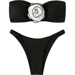 OYOANGLE Women's 2 Piece Bikini Sets 3D Floral Appliques Colorblock Sleeveless Strapless High Cut Bandeau Swimsuits
