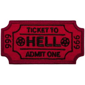 EMBROVERSE Ticket to Hell Patch - Admit One Embroidered Demon Funny Quote - Iron On Patches - Size: 3.1 x 1.7 inches