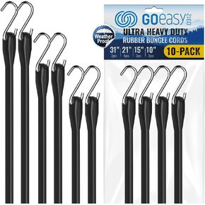GOEASY0312 Rubber Bungee Cords Heavy Duty Outdoor - Max Stretch 1.8X & Over 180 LBS Load, 100% EPDM Bungee Straps, 10", 15", 21", 31" (10 Pack) for Cargo, Tarps, Trucks, & Extreme Weather Use
