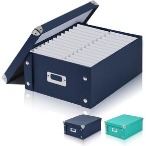 DLUGOPIS 12"x10"x5" Inch Checks Storage Box with Lid Document Boxes Banker Boxes Document Bin Foldable Cardboard Record Boxes For Business Pesonal Orangize Files (Navy Blue, 1 pcs)