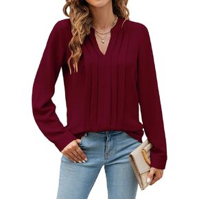 Blooming Jelly Women's Dressy Casual Blouses Business Work Tops Long Sleeve V Neck Pleated Shirts 2024 Fall Outfits