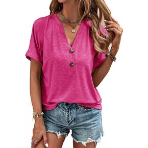 Halife Women's Casual Short Sleeve T Shirts Summer Button V Neck Tops Loose Fit Tee Shirt Blouse