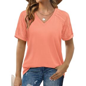 Saloogoe Womens Tops Summer Textured Short Sleeve V Neck T Shirts Loose Fit Fashion 2024