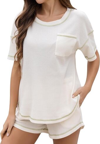KCW Pajama Sets for Women Waffle Short Sleeve Sleepwear with Pockets in Saudi Arabia