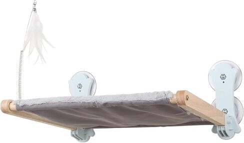Cat Window Perch Hammock-seat, Natural Wooden Cat Window Seat for Indoor Cats, Foldable Cordless Cat Window Bed with 4 Suction Cups, 17.7 * 15.7in Hold Up to 65lbs in Kuwait