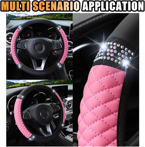 Bling Soft Leather Steering Wheel Cover, 15 Inch Colorful Rhinestones Auto Elastic Protector with Crystal Diamond for Women Girls, Car Accessories for Most Cars, SUVs (Beige) in Saudi Arabia