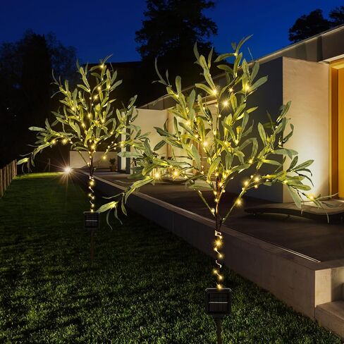Rossesay 2 Pcs Artificial Olive Tree Lights 4ft Solar Artificial Olive Branches Garden Stake Lights Pathway Lights for Outdoor Realistic LED Faux Plant Waterproof Tree Light for Wedding Yard Decor in Saudi Arabia