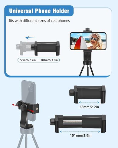 Vastar Universal Tripod Phone Holder, Phone Tripod Mount Adapter with Wireless Camera Remote for Monopod, Tripod and Selfie Stick, 360° Rotation / 58-101mm Phone Clamp / 1/4" Thread/Wrist Strap in Saudi Arabia
