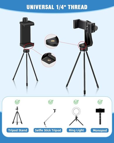 Vastar Universal Tripod Phone Holder, Phone Tripod Mount Adapter with Wireless Camera Remote for Monopod, Tripod and Selfie Stick, 360° Rotation / 58-101mm Phone Clamp / 1/4" Thread/Wrist Strap in Saudi Arabia
