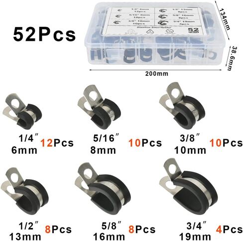 مجموعة متنوعة من مشابك الكابلات TIMESETL 52 قطعة، 304 مشابك أنابيب مطاطية من الفولاذ المقاوم للصدأ في 6 أحجام 1/4 بوصة 5/16 بوصة 3/8 بوصة 1/2 بوصة 5/8 بوصة 3/4 بوصة مشبك سلك للأسلاك والخطوط والخراطيم in Kuwait
