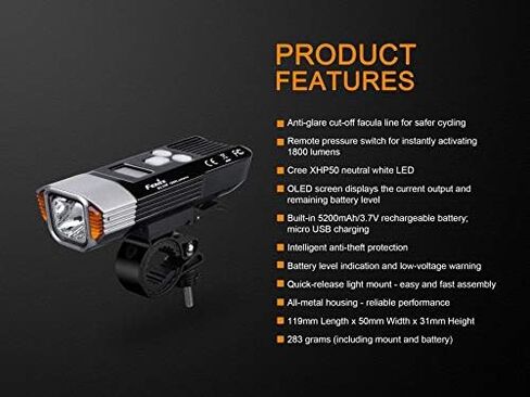 EdisonBright Fenix BC35R 1800 Lumen Cree LED USB Rechargeable Pedestrian Friendly Bike Bicycle Light Anti-Theft Alarm BBX3 Charging Cable Carry case in Saudi Arabia