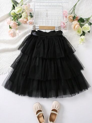 SOLY HUX Girl's Mesh Sheer High Waist Belted Skirt Layered Ruffle Hem Cute Party Skirts in Saudi Arabia
