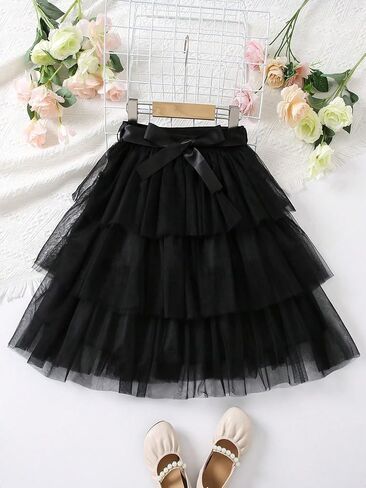 SOLY HUX Girl's Mesh Sheer High Waist Belted Skirt Layered Ruffle Hem Cute Party Skirts in Saudi Arabia