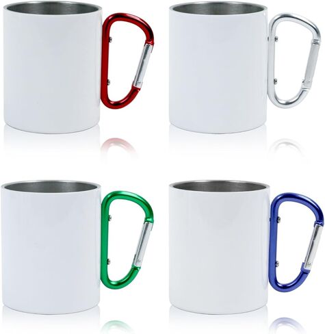 4 Pcs Sublimation Blank Stainless Steel Carabiner Mug 10 OZ with Different color handles Travel Coffee Mug Portable Backpacking Camping Cup for Outdoor Sports Travel Hiking mug in Saudi Arabia