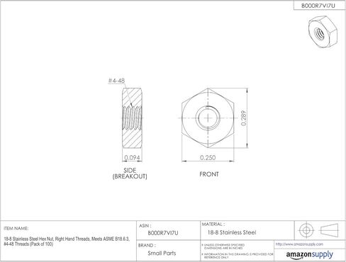 صامولة سداسية صغيرة من الفولاذ المقاوم للصدأ 18-8، لمسة نهائية سادة، مقاس خيط #6-32، عرض 1/4 بوصة عبر الشقق، سمك 3/32 بوصة (عبوة من 100 قطعة) in Kuwait