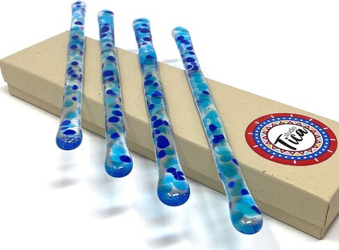 Fluorescent Sea Blue - 7.25 inch Paradise Collection - Reusable Handmade Glass Cocktail Java Coffee Stirrer - Functional Art Set of 4 Swizzle Sticks + Elegant Gift Box in Saudi Arabia