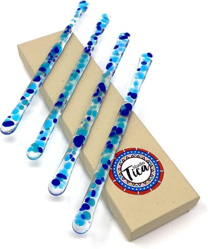 Fluorescent Sea Blue - 7.25 inch Paradise Collection - Reusable Handmade Glass Cocktail Java Coffee Stirrer - Functional Art Set of 4 Swizzle Sticks + Elegant Gift Box in Saudi Arabia