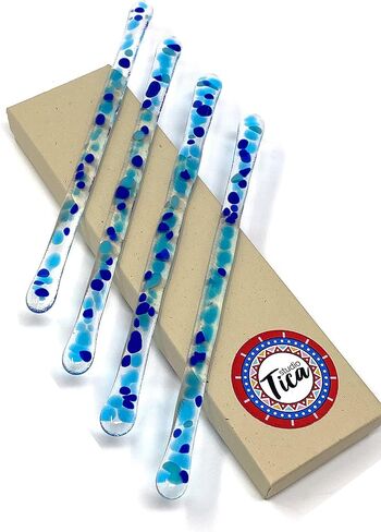Fluorescent Sea Blue - 7.25 inch Paradise Collection - Reusable Handmade Glass Cocktail Java Coffee Stirrer - Functional Art Set of 4 Swizzle Sticks + Elegant Gift Box in Saudi Arabia