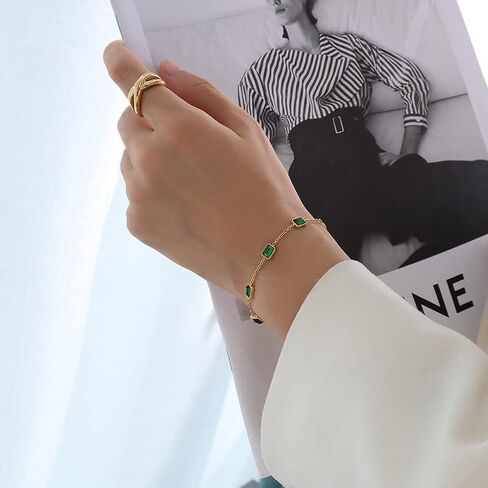 AMINKINA 14K Gold Gemstone Bracelet for Women, Square Emerald Gemstone Bracelet, Holiday Gift for Mother Wife Girlfriend in Saudi Arabia