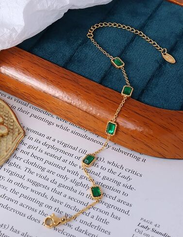 AMINKINA 14K Gold Gemstone Bracelet for Women, Square Emerald Gemstone Bracelet, Holiday Gift for Mother Wife Girlfriend in Saudi Arabia