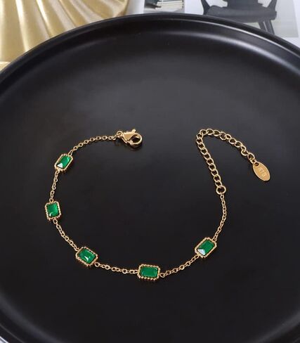 AMINKINA 14K Gold Gemstone Bracelet for Women, Square Emerald Gemstone Bracelet, Holiday Gift for Mother Wife Girlfriend in Saudi Arabia