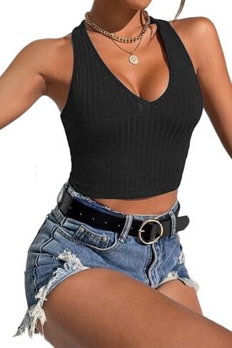 Salierart Women's Summer Knit Sweater Vest Women Basic Sleeveless Vest Crop Tank Top Fitness Solid Ribbed Binding Crop Top in Saudi Arabia